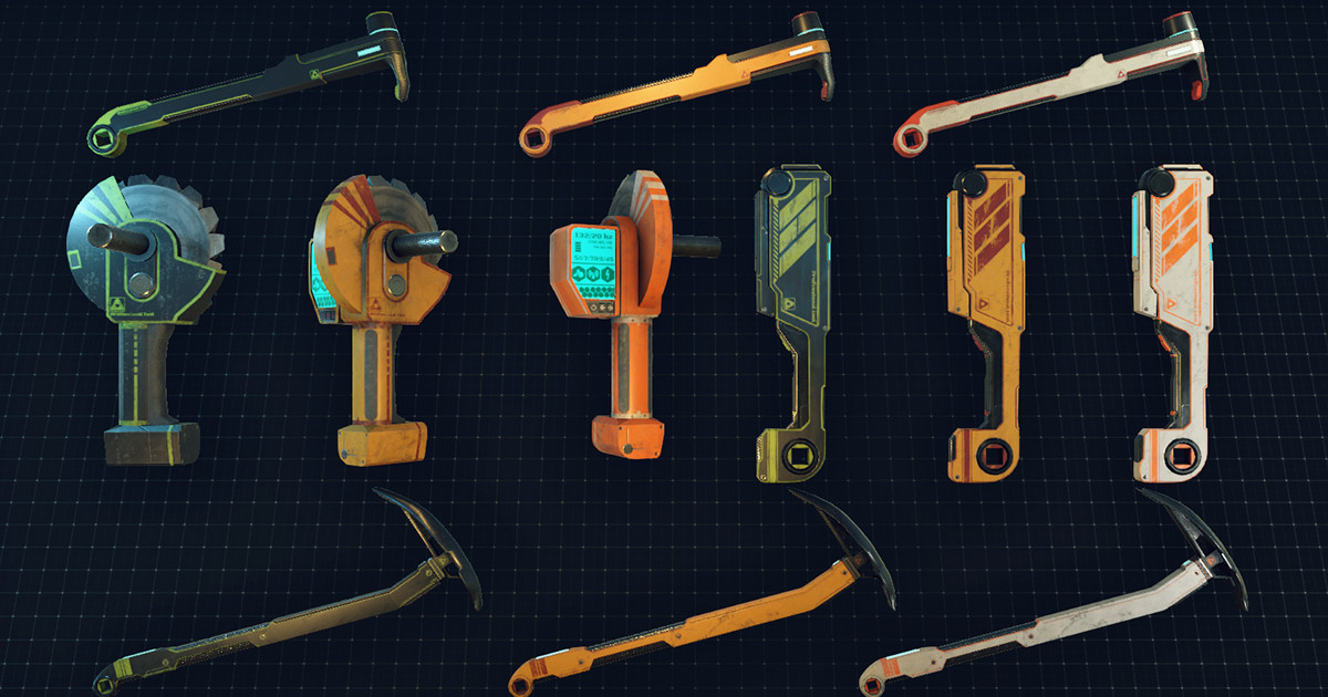 Concept art sheet showing futuristic tool and weapon designs in green, orange, and white variants on a dark grid background